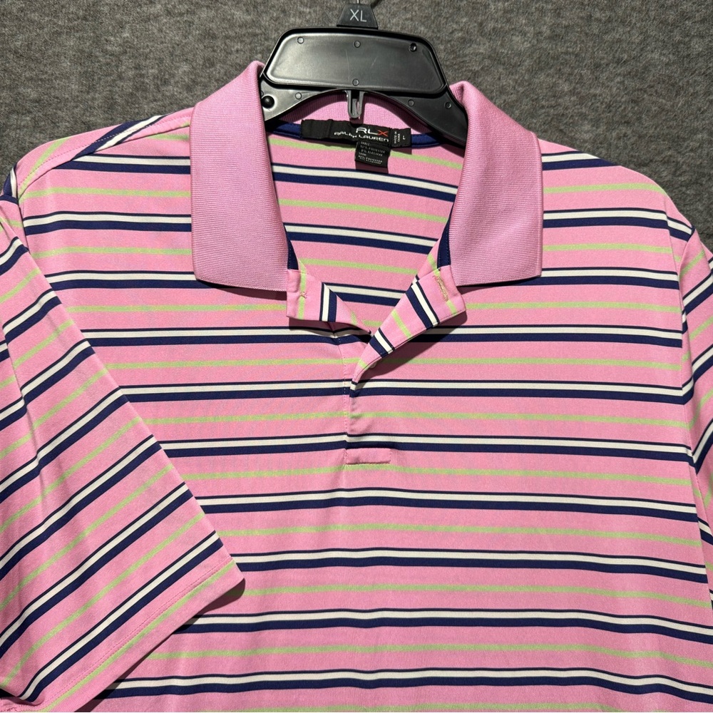 RLX Ralph Lauren polo shirt mens L pink blue striped performance golf wicking